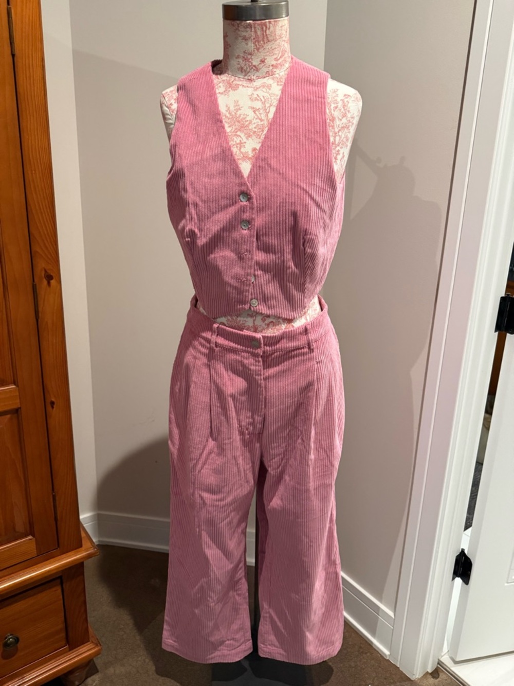 DONNI. Pink Corduroy Wide-Leg Pant & Vest Set